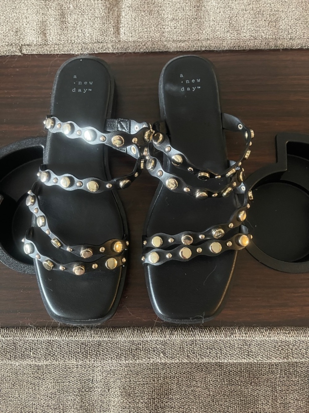 a new day Black Slide Sandals with Gold Studs